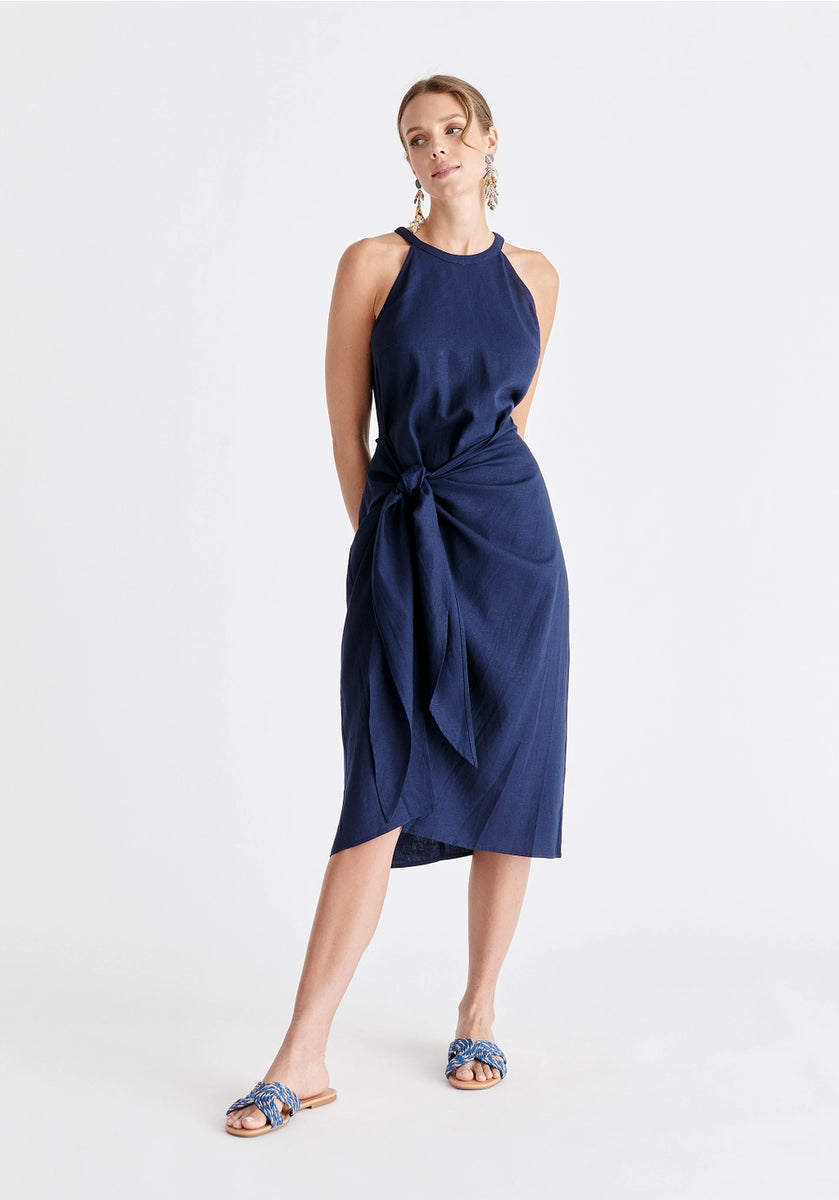 knee length dresses for ladies Shop Galaxy Navy Linen Tie Back Tiered Strappy Maxi Dress